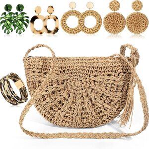Vacation Purse Set Straw Bag Rattan Earrings Beach Crossbody Jewelry